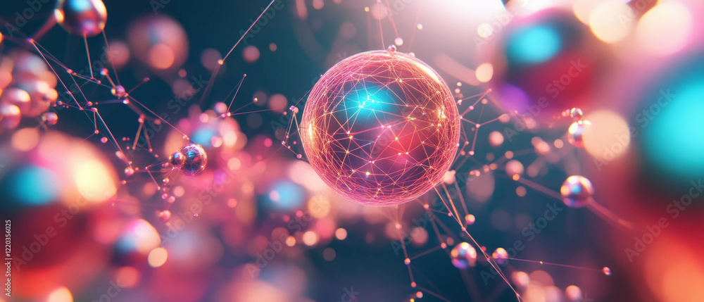 Poster exploring global connectivity through 3d abstract spheres and glowing lines