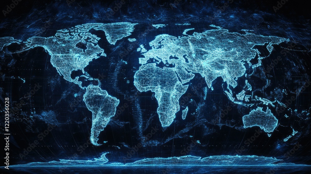 Aufkleber high-resolution abstract oceanic map with glowing blue wireframe lines against a sleek dark surface