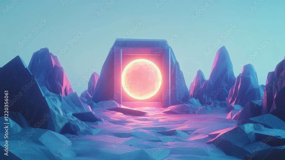 Aufkleber 3d abstract digital ai robot floating above a light blue neon portal. technology innovation backgrou