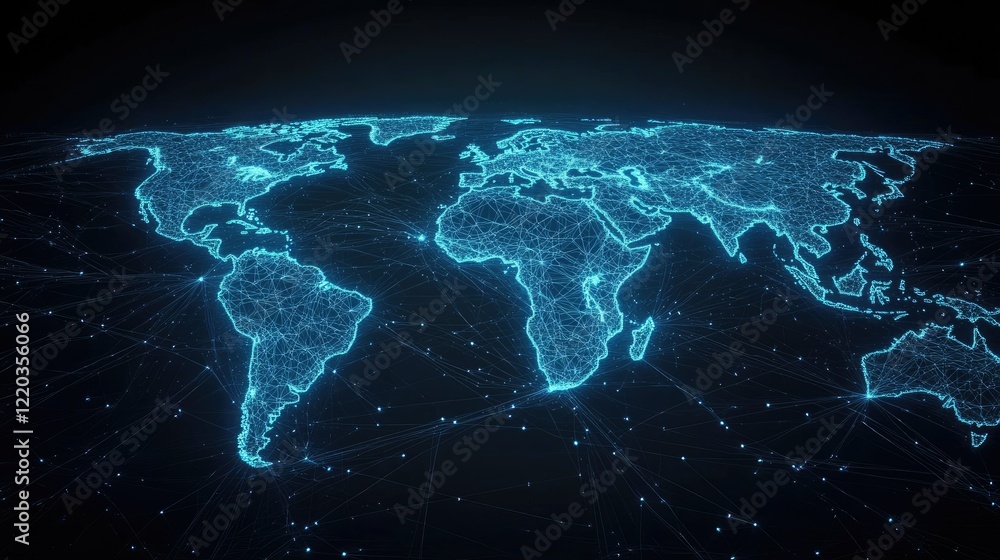 Poster high-resolution abstract oceanic map with glowing blue wireframe lines against a sleek dark surface