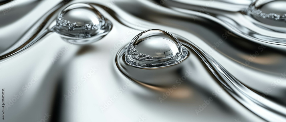 Poster liquid metal droplets create a mesmerizing abstract background with reflective surfaces