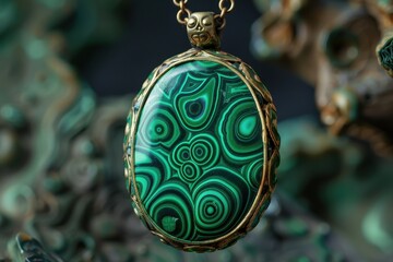 Intricate silver pendant featuring a vibrant green malachite gemstone displayed on a silky black cloth background
