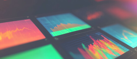 Abstract representation of multi-variable data analysis with colorful radar charts