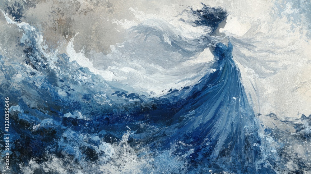 Poster impressionistic design with dynamic brush strokes in shades of blue and white, emphasizing subtle gr