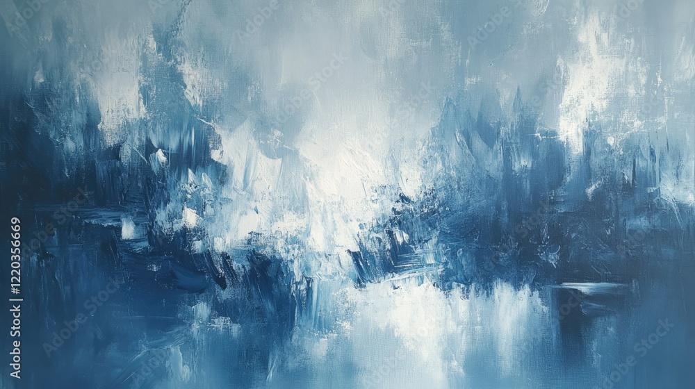 Poster impressionistic design with dynamic brush strokes in shades of blue and white, emphasizing subtle gr
