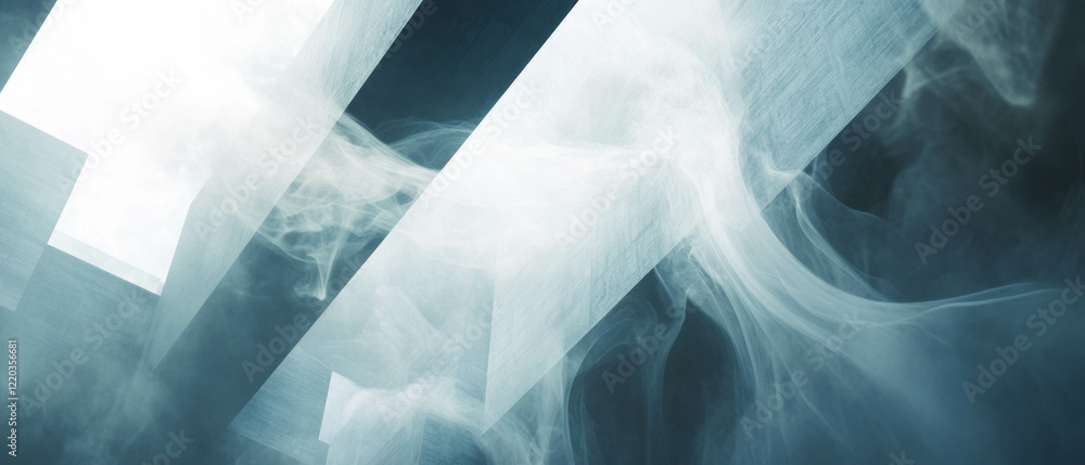 Poster exploration of smoke flow within abstract architectural forms showcasing depth and perspective