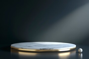 A white marble podium with gold trim on the bottom, set against a dark background. The platform is circular and has three small spheres scattered around it. 