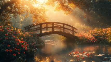 Fototapeta premium Misty Forest Path Leading to Wooden Bridge Over Calm Water