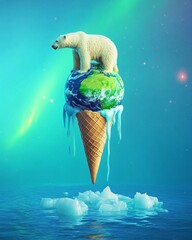 Polar Bear on Ice Cream Cone Earth with Aurora Borealis Background