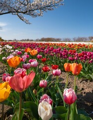 Springtime Tulips and Cherry Blossoms