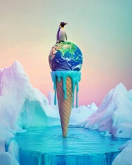 Penguin on Earth Ice Cream Cone Amidst Frozen Landscape