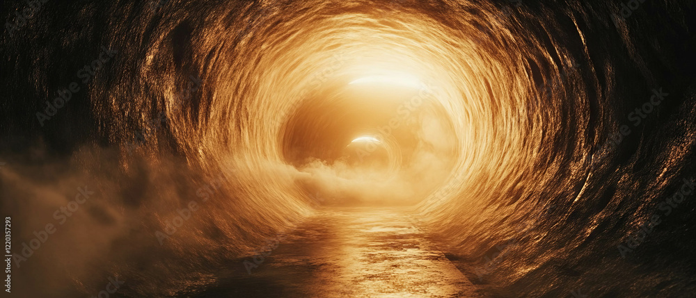Poster exploring abstract tunnels and vortexes formed by swirling smoke in a surreal environment