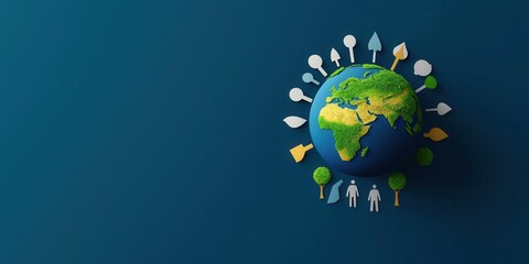 clean energy renewable policy concept. Colorful globe surrounded by nature and sustainability icons on a blue background.