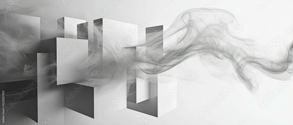 Poster dynamic interaction of smoke and geometric shapes in modern abstract design