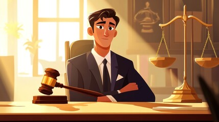 The male lawyer was sitting at his abstract desk, with gold scales and a wooden gavel on the table in front of him waiting for a client