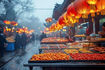 Chinese Lantern Festival: Rows of red and yellow lanterns hanging across a bustling marketplace, their warm glow creating a festive ambiance, with traditional food stalls in soft focus behind
