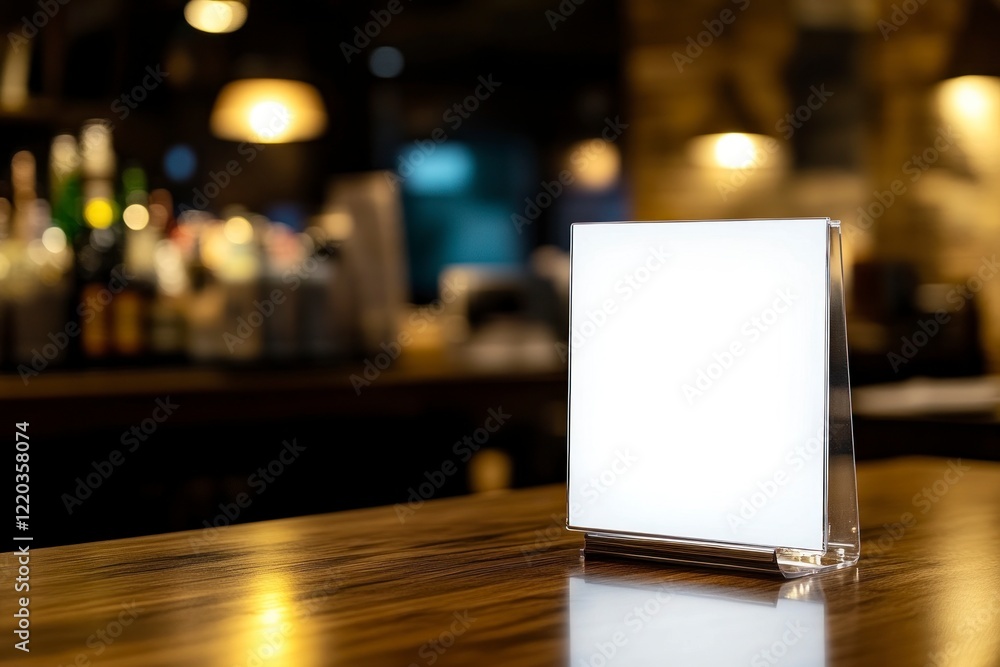 Poster white blank menu holder mockup on a blurred background, close-up view. a bar and restaurant displayi