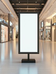 A mockup of an empty vertical blank billboard poster in the middle of a shopping mall, with a clean and minimal background and a blurred store entrance on both sides.