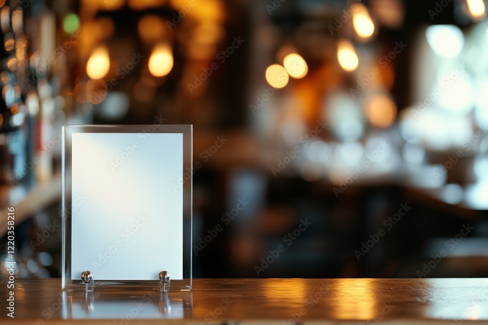 Poster white blank menu holder mockup on a blurred background, close-up view. a bar and restaurant displayi