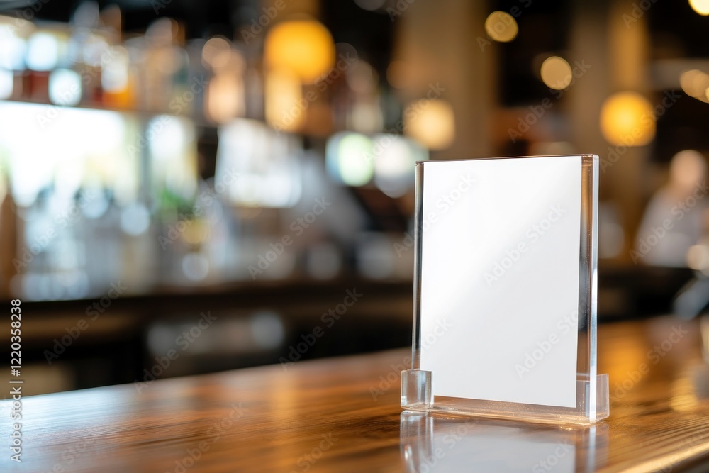 Poster white blank menu holder mockup on a blurred background, close-up view. a bar and restaurant displayi