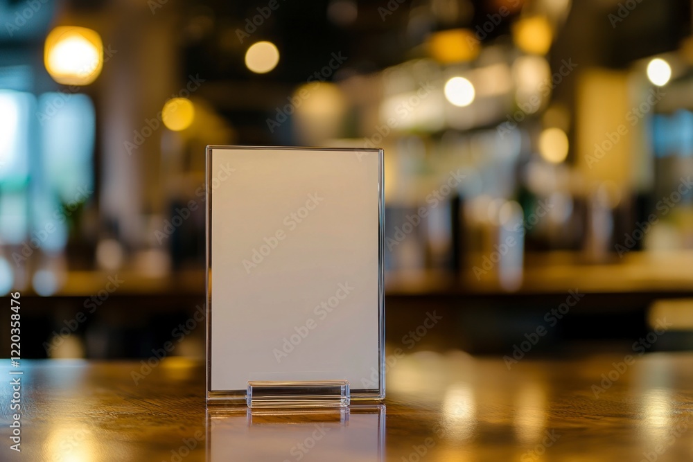Poster white blank menu holder mockup on a blurred background, close-up view. a bar and restaurant displayi