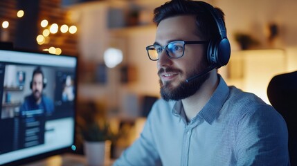 Fototapeta premium Night Video Conference: Focused Man in Headset Working Late
