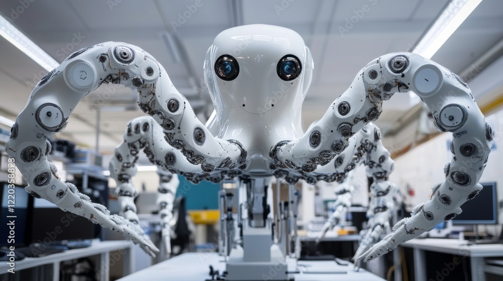 Poster machine learning isometric banner, artificial intelligence science, computer algorithm. octopus robo