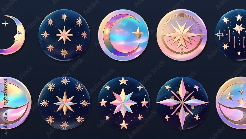 Poster assortment of celestial themed circular designs featuring moons stars and cosmic patterns on a dark 