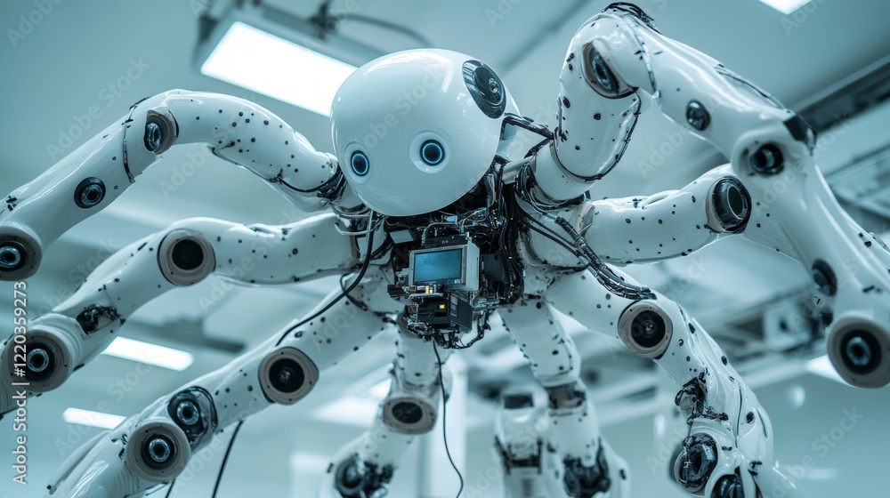 Poster machine learning isometric banner, artificial intelligence science, computer algorithm. octopus robo