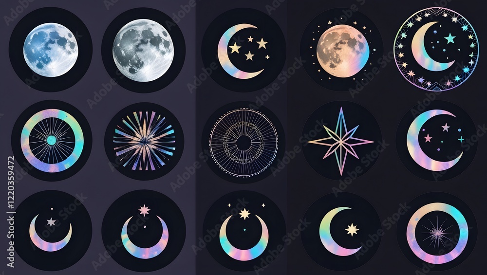 Poster assorted moon and star celestial designs in gold and iridescent colors on a dark patterned backgroun