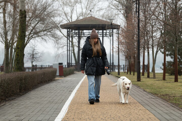 A young woman in a warm coat walks her yellow labrador on a leash along a path surrounded by trees. The atmosphere is calm and slightly foggy, enhancing the peaceful ambiance