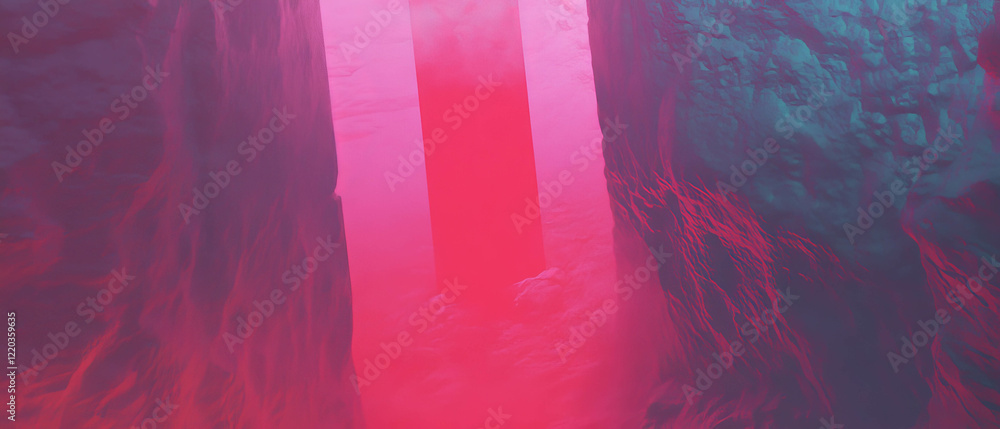 Poster exploring otherworldly realms through flowing 3d sound waves and abstract portals