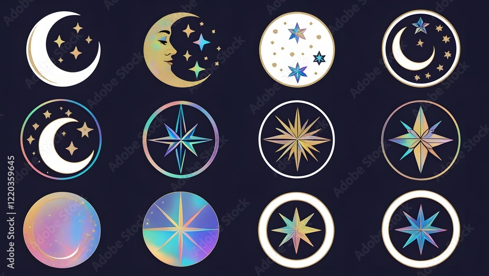 Poster collection of circular moon and star icons with iridescent and holographic effects on a split backgr