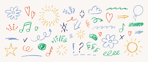 Set of doodle hand drawn elements for text with crayon or pastel texture. Arrows, shapes and frames. Chalk color vector illustration on the white background.