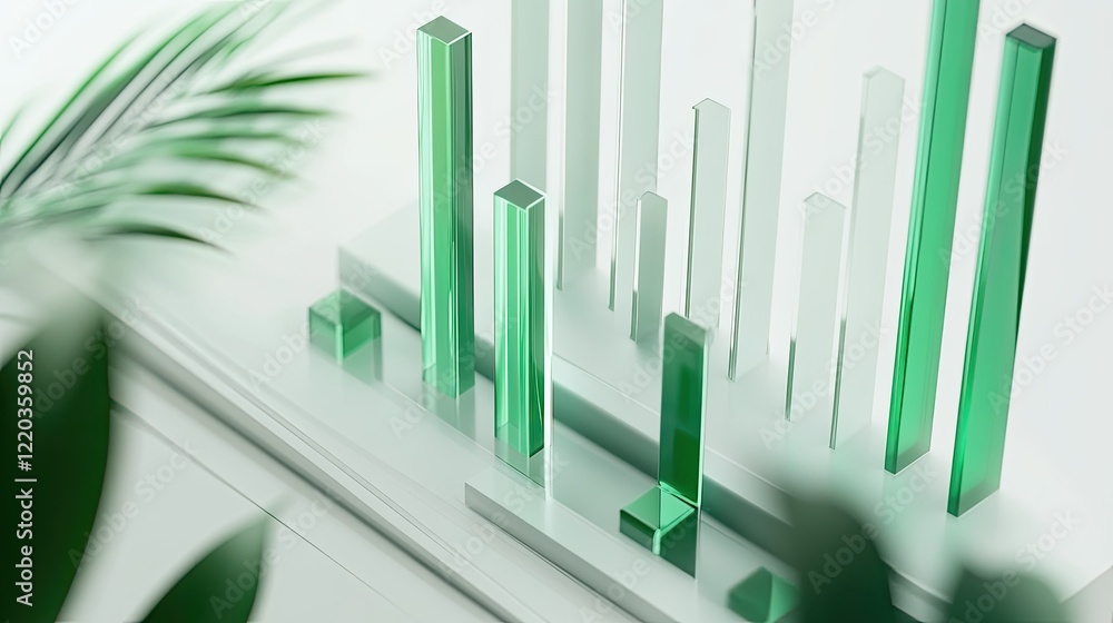 Poster minimalist sales graph with bold green bars rising each year, designed on a clean white background f