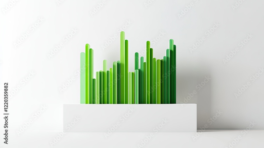 Poster minimalist sales graph with bold green bars rising each year, designed on a clean white background f
