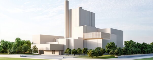 clean energy renewable policy concept. Modern industrial building surrounded by greenery, showcasing contemporary architecture.