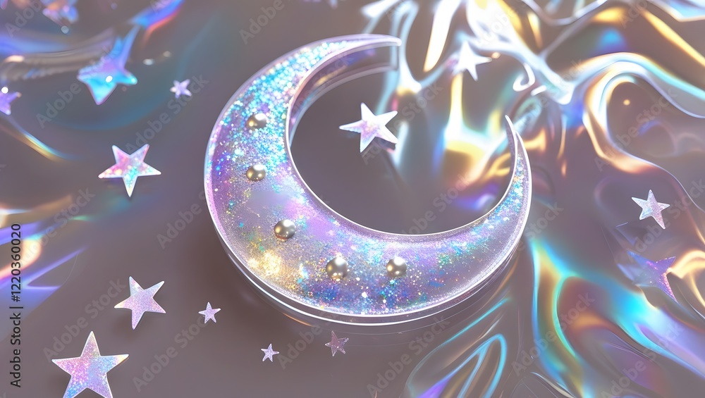 Poster a collection of iridescent moon and star designs arranged in rows on a dark blue background pattern 