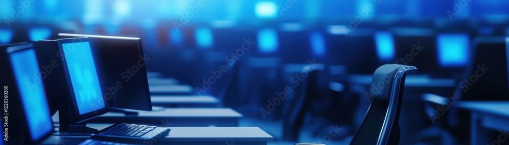 Poster a dimly lit room filled with rows of computers, showcasing a modern workspace with blue lighting, cr