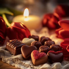 Romantic candles and assorted chocolates for Valentine's Day, cozy evenings, or heartfelt celebrations