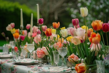 Colorful tulips arranged beautifully on a dining table for a spring celebration with elegant table settings featuring glassware and candles