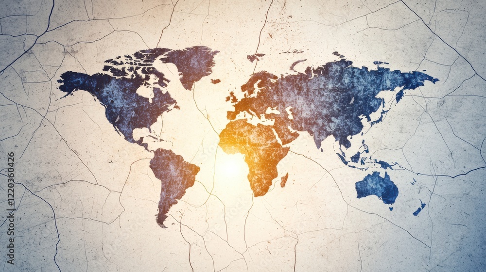 Poster a textured map of the world with a warm glow in the center, symbolizing global connectivity and expl