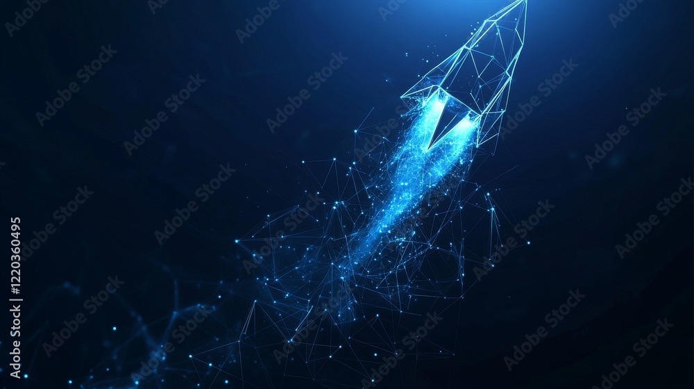 Aufkleber abstract rocket launch low poly wireframe. isolated on dark blue background. business startup concep