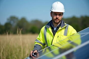 Engineer wearing safety gear inspecting photovoltaic solar panels in an open field environment. Promoting renewable energy and clean technology.