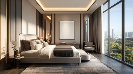 Modern bedroom design with neutral decor, a blank poster on the wall, and panoramic windows