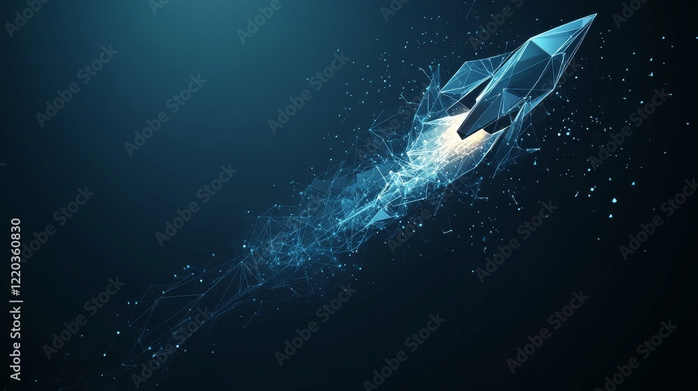 Aufkleber abstract rocket launch low poly wireframe. isolated on dark blue background. business startup concep