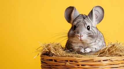 A fluffy chinchilla resting in a round basket lined with soft hay, placed against a muted mustard yellow studio backdrop with soft light, copy space, exotic rodent portrait