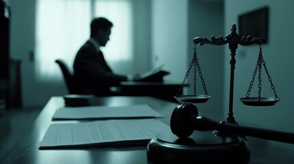 The foreground shows a lawyer's gavel and scales of justice on the table of a lawyer and a law enforcer sitting at work