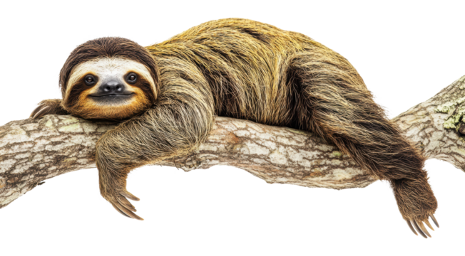 Sloth relaxing on a tree branch in nature, cut out - stock png.