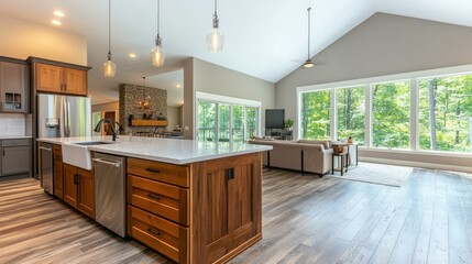 Fototapeta premium Open-concept modern kitchen with wood cabinetry, white finishes, and ample natural lighting for an inviting atmosphere